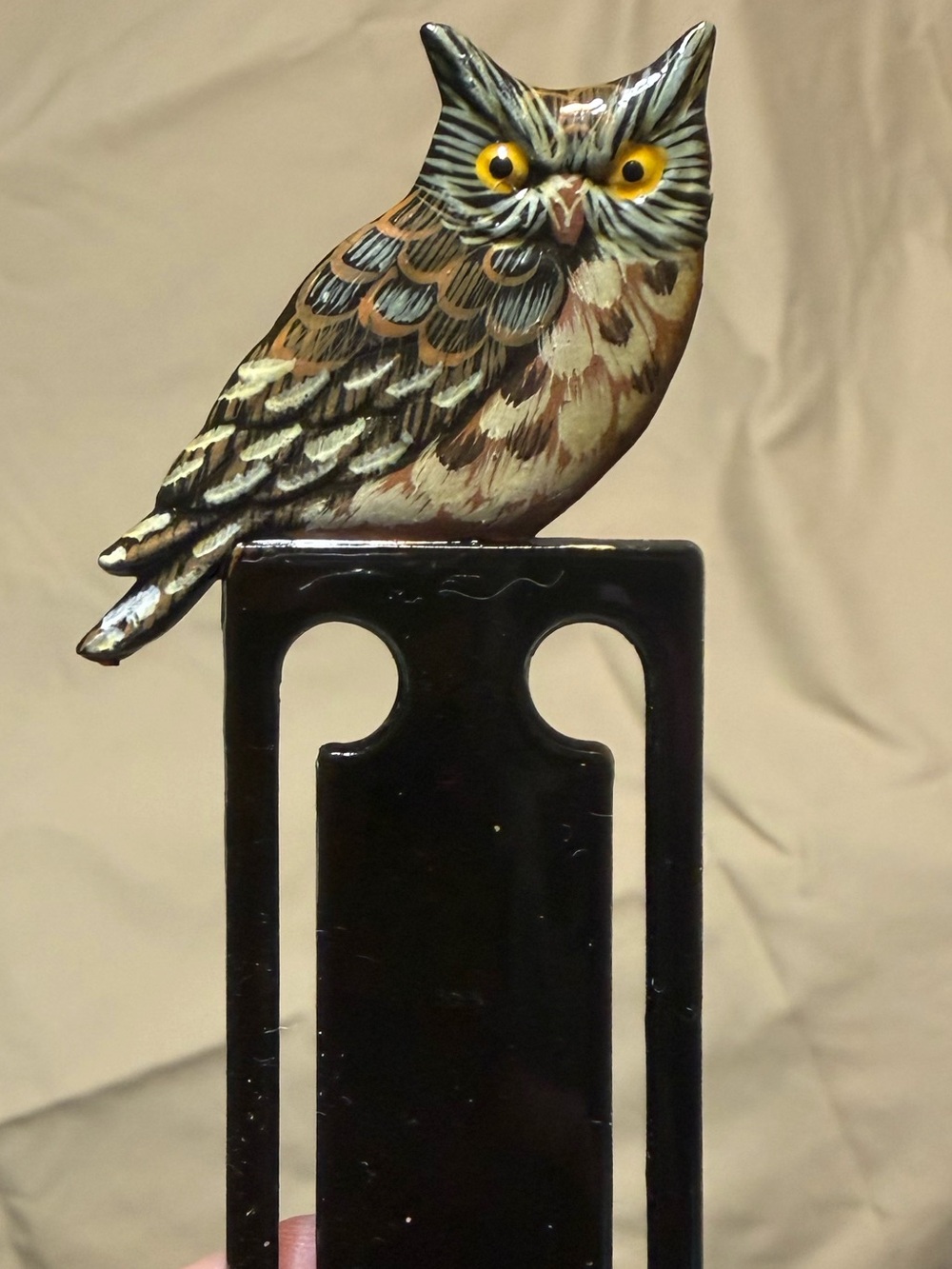 Hand-Painted Ceramic Owl Figurine in Brown and Cream